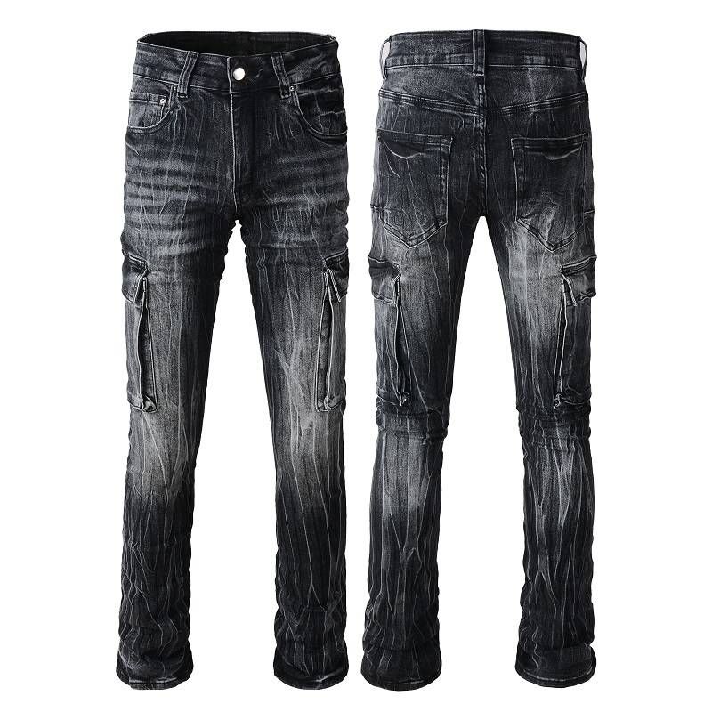 Lightning Cracks gro Moudwäsch Männer Cargo Jeans Motorrad Biker Multi Pocket Vintage Männer Designer Hosen_voghion.com