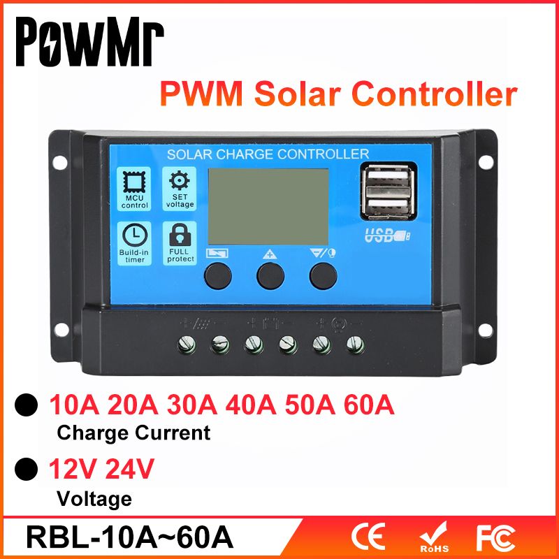 PowMr PWM 60A 50A 40A 30A 20A 10A Solar Charge and Discharge Controller 12V 24V Auto LCD Solar Regulator with Dual USB 5V NEW_voghion.com