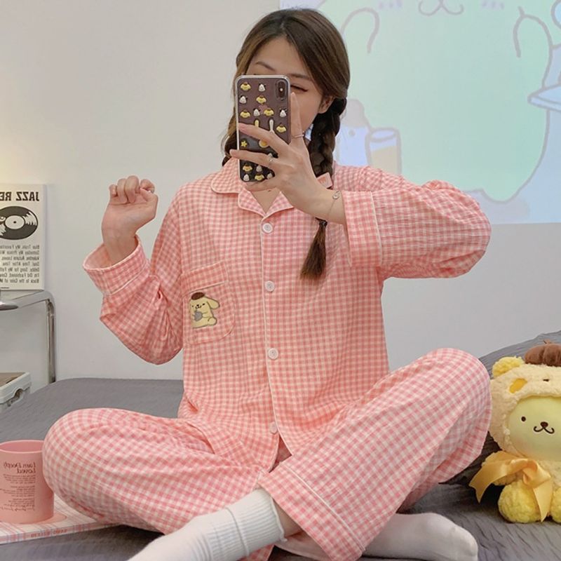 6535 Katoenen pyjama voor dames 2023 Lente en herfst Nieuwe collectie Sweet Ins Cardigan Geruite lange mouwen Broek Home_voghion.com
