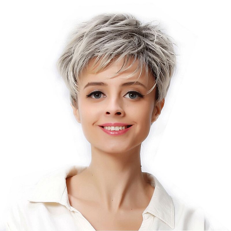 Synthetische Perücke für Damen, lockiges Haar, modischer Farbverlauf, gemischte Farben, flauschiges kurzes Haar_voghion.com