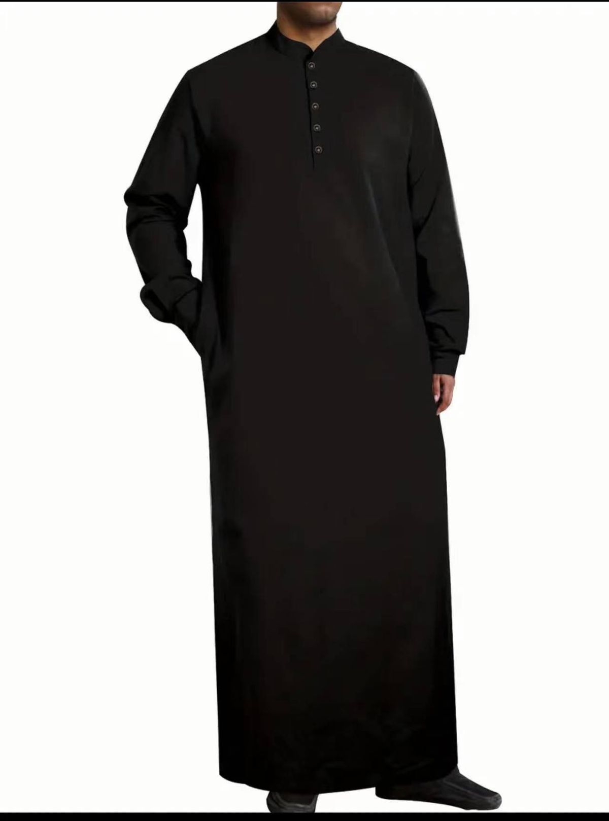Herrenbekleidung Einfache lange Stehkragenknopf Muslim Robe_voghion.com