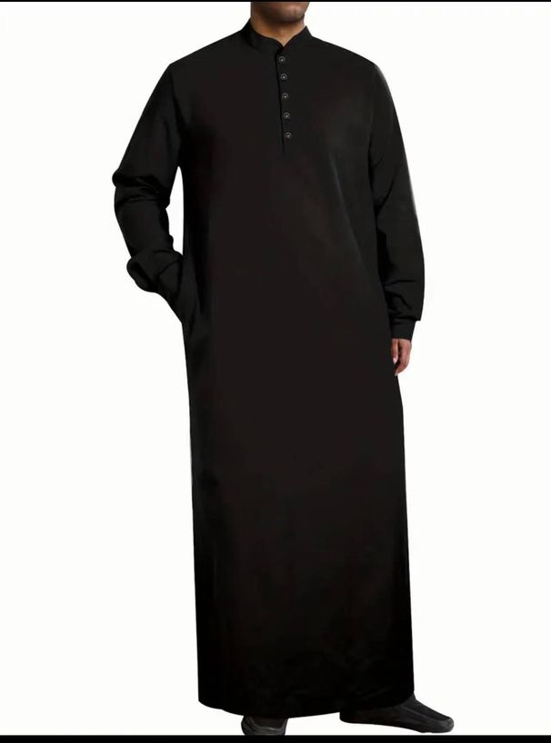 Herrenbekleidung Einfache lange Stehkragenknopf Muslim Robe_voghion.com