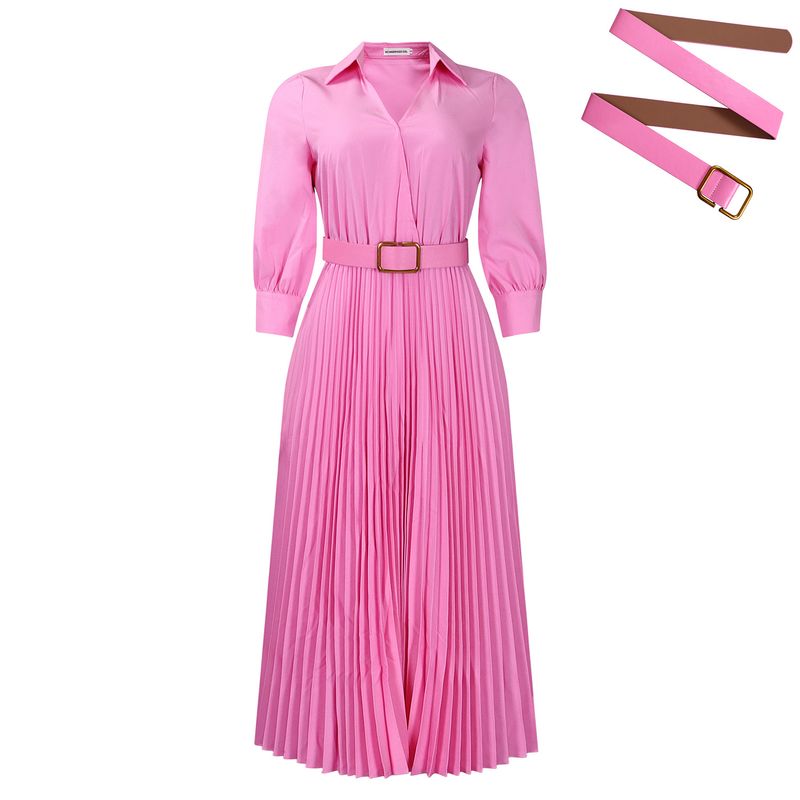 Rochie de damă la modă nouă, cu rever, mânecă lungă, talie înaltă, plisată, culoare solidă_voghion.com