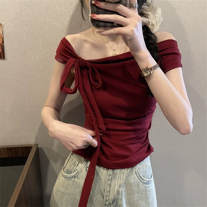 Koszulka Pure Desire na jedno ramię ~ Design Sense z odkrytymi ramionami i krótkim rękawem na lato dla kobiet, nowa, dopasowana_voghion.com