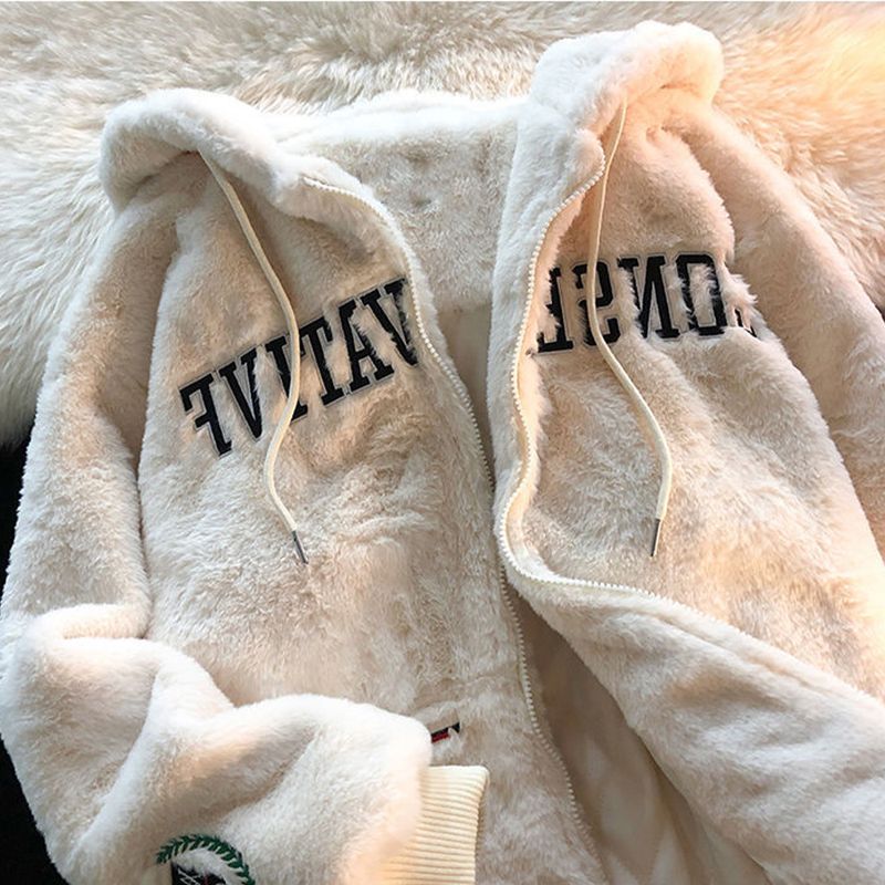 Sweat-shirt épais en peluche d'agneau pour femme, vêtements d'hiver, Vintage, lettres brodées, haut pour femme, ample et paresseux, veste à capuche pour femme_voghion.com