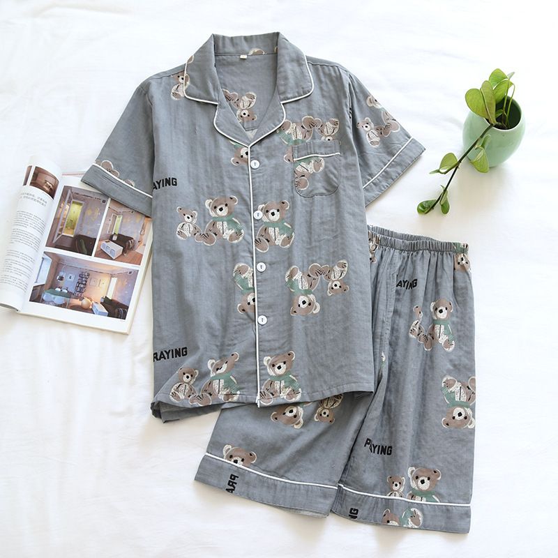 Duebelgaze Pyjama Short-sleeved Shorts Set Koppel Kotteng Revers grouss Gréisst Männer a Frae kënnen dënn Loungewear droen_voghion.com