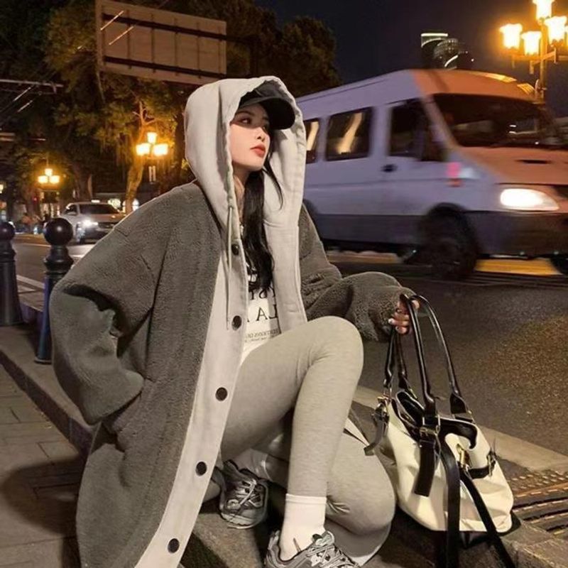 【】 Korejiešu šika rudens un ziemas jaunā garā jēra vilnas daudzpusīgā, brīvā modes jaka_voghion.com