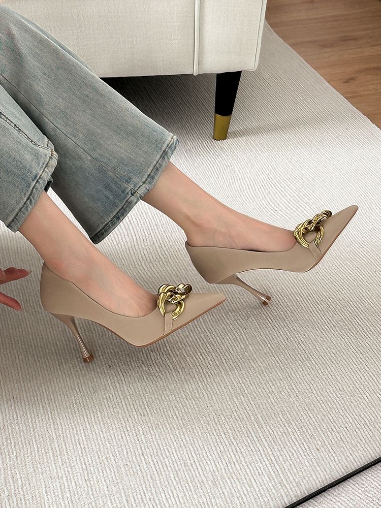Naked Thin Heeled High Heels 2024 New Spring/summer Collection, Small Stature, Pointed Toe, Niche Design, Temperament,_voghion.com