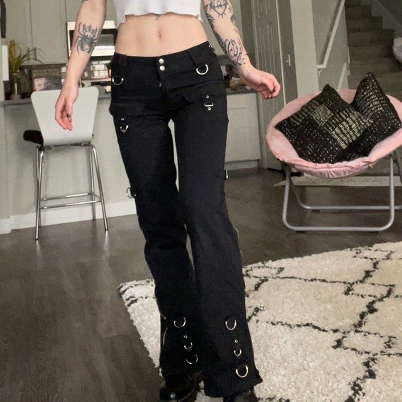 Moda feminina cintura baixa com zíper reto jeans slim_voghion.com