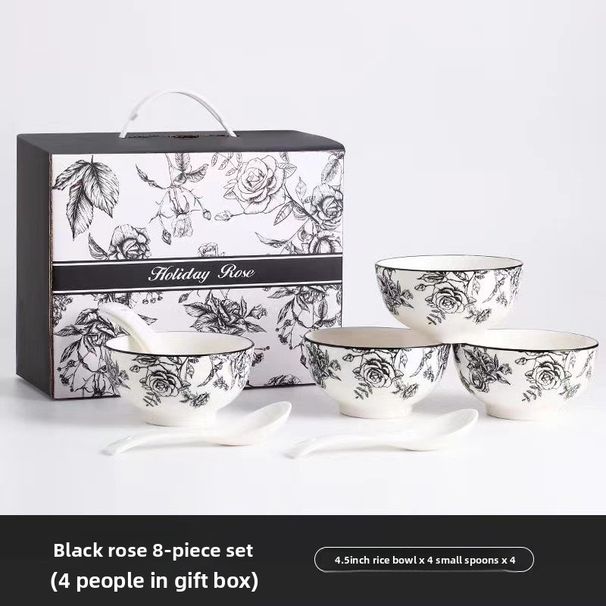 Rose-Patterned Ceramic Dinnerware Set - Under-Glaze Porcelain Gift Box For Housewarming_voghion.com
