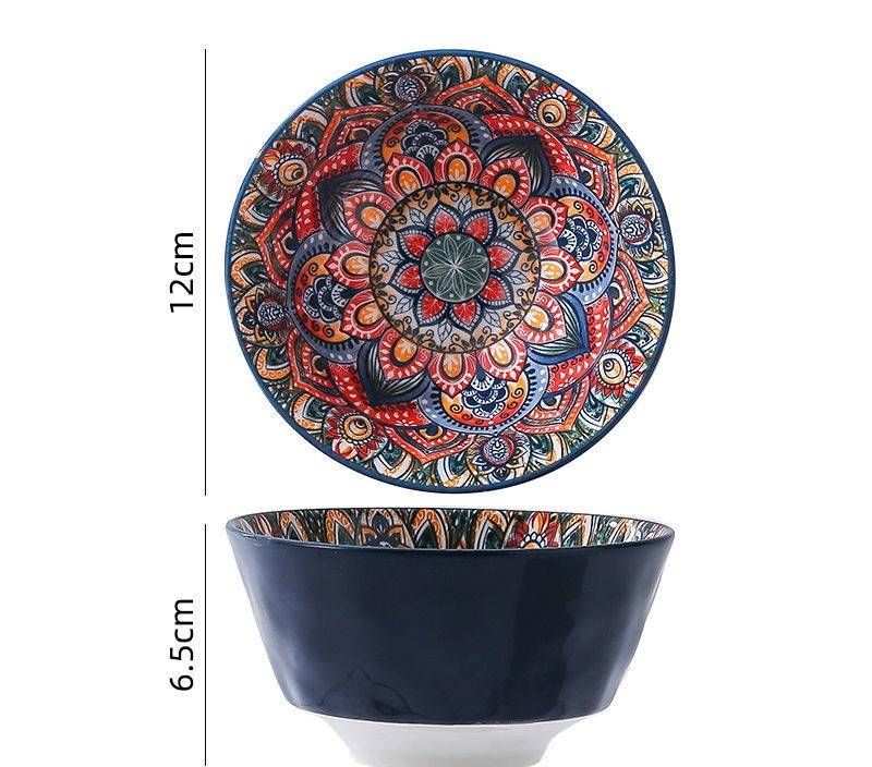 Bohemian Ceramic Dinnerware Set - Hand-Painted Stone Pattern Bowls & Plates, Vintage Blue Wave Design For Home Dining,_voghion.com