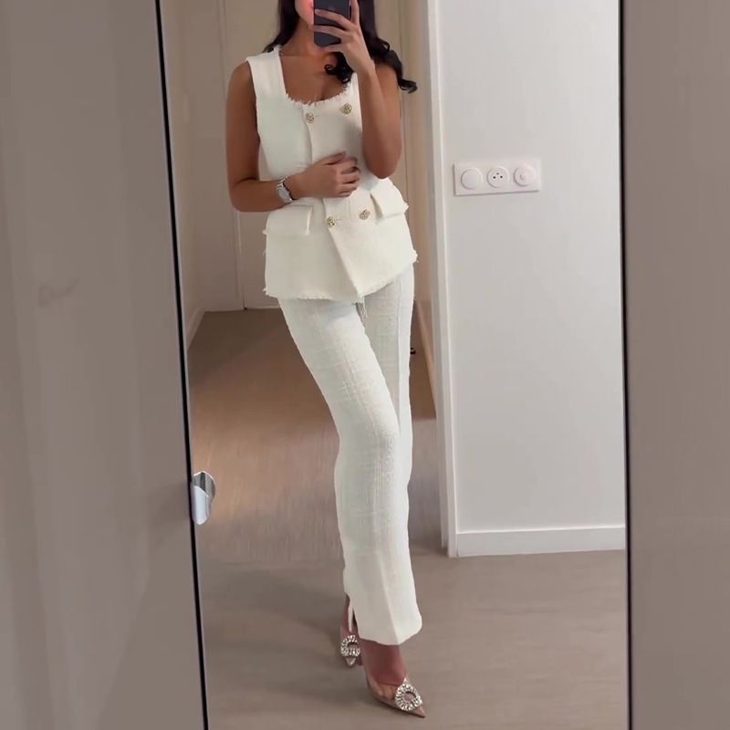 Women's summer new sleeveless temperament small fragrance style vest high waist straight pants two-piece set_voghion.com