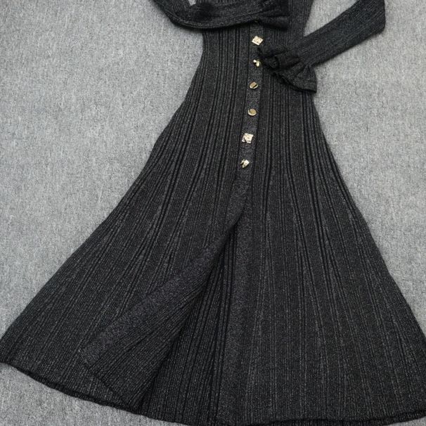 Metalik İplikli V Yaka Elbise - Kadınlar İçin Yün Karışımlı, Kloş Kollu Şık Elbise (S-XL, Düz Renkler, A Kesim Siluet)_voghion.com