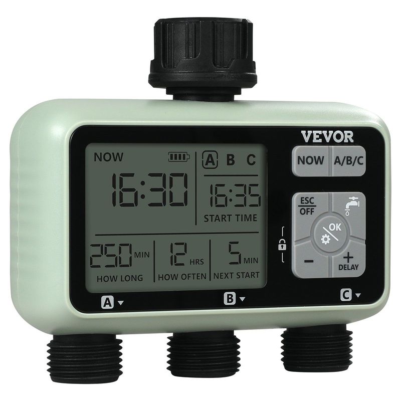 VEVOR Water Timer, 3 Outlets, Hose Watering Sprinkler Timer, With 3 Independent Watering Zone LCD Display Rain Delay Mode Manual Mode 360° Brass Inlet Metal Filter, IPX6 Waterproof For Yard Watering_voghion.com