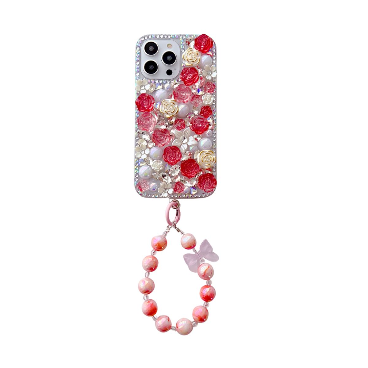 For Iphone 13 14 15 Pro Max Plus Bling Crystal Diamond Rose Flower Pearl Wrist Phone Case Cover_voghion.com