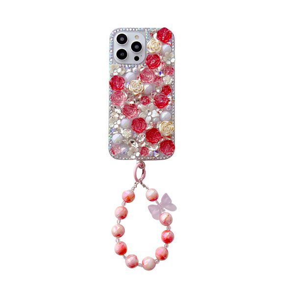 For Iphone 13 14 15 Pro Max Plus Bling Crystal Diamond Rose Flower Pearl Wrist Phone Case Cover_voghion.com