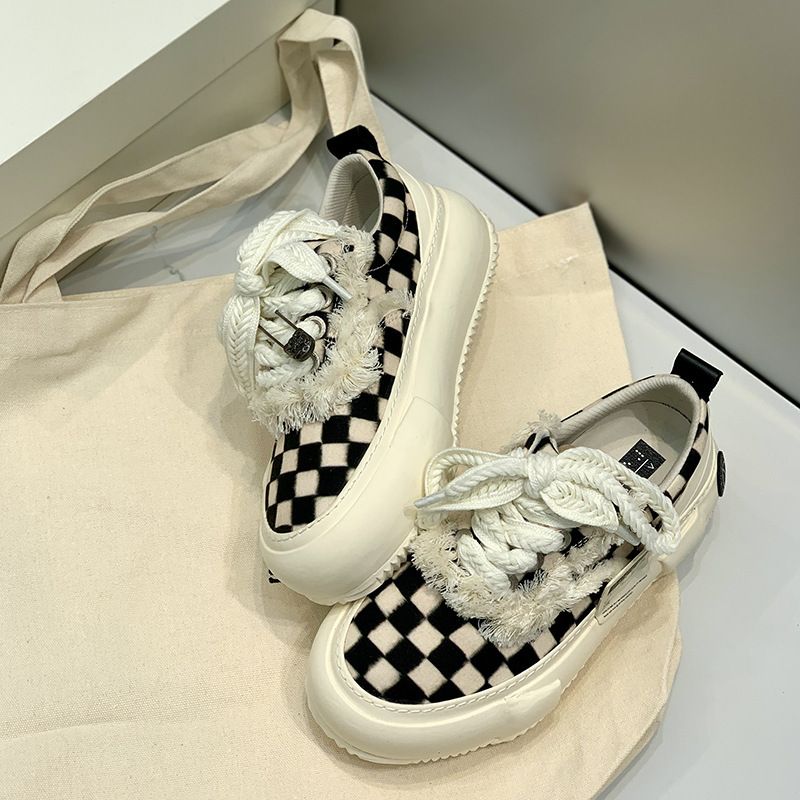 Donggu Goods Wu Jihao Cotton Cdy 2.0 Pixel Grid Black D White Thick Soled Couple Cvas Beggar Shoes Smiling_voghion.com