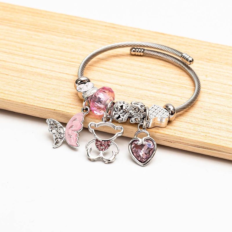 1 pulsera de acero inoxidable ajustable de aleación de moda para mujer, pulsera con colgante de oso y mariposa con cuentas_voghion.com