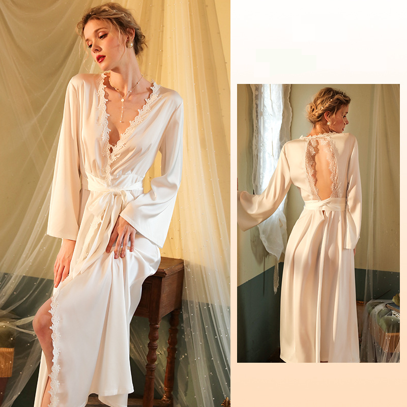 Robes New Sexy Nightgown Long Bathrobe Female Long Sleeve Backless Ladies Satin Home Clothes 369_voghion.com