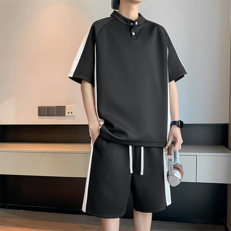 Herrenbekleidung Herren Freizeitanzug Sommertrend Kontrastfarbe Stehkragen Kurzarm T-Shirt mit Shorts Sportbekleidung Übergröße Ein komplettes Set_voghion.com