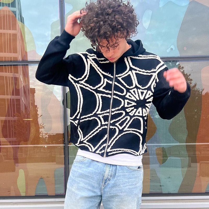 Felpa unisex con cappuccio, alla moda, sportiva, da strada, con cerniera, con stampa a ragno, da uomo_voghion.com