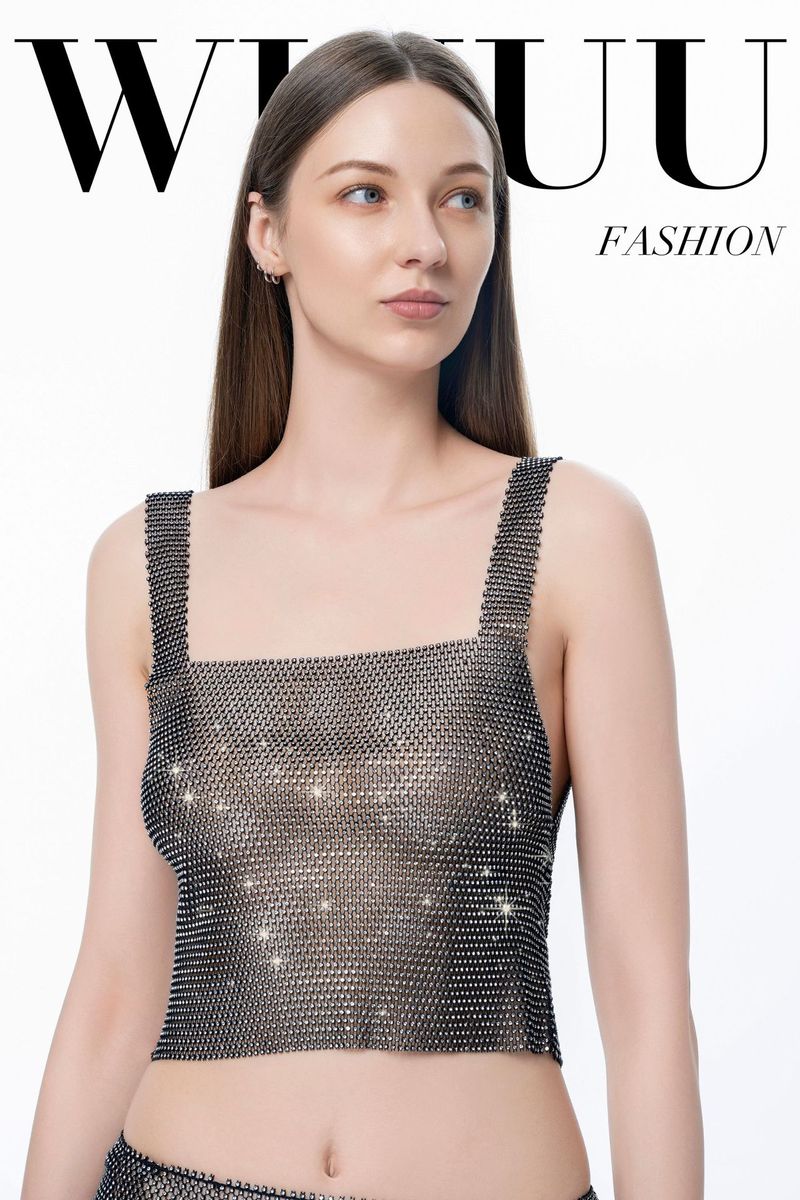 Damen Sexy Fischnetzkleid Voll Strass Mesh Hot Girl Sheer Fransenrock Set für Frauen_voghion.com