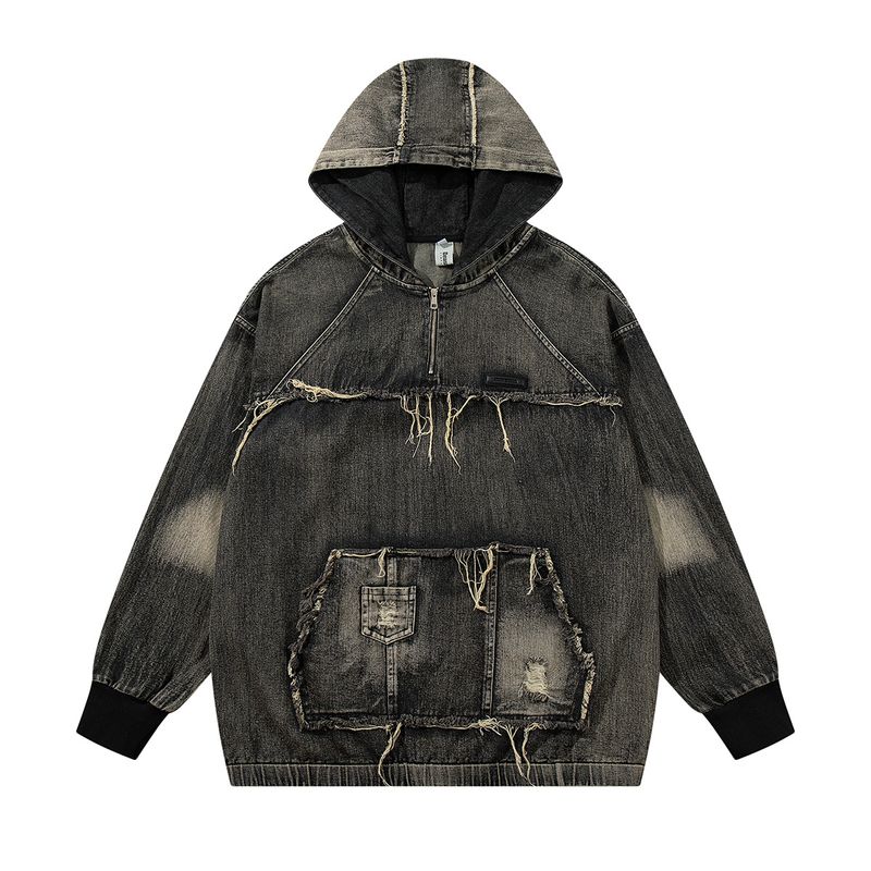 Herrenbekleidung New High Street Trendy Brand Denim Hoodie Wasteland Style Washed Splicing Kapuzenpullover_voghion.com