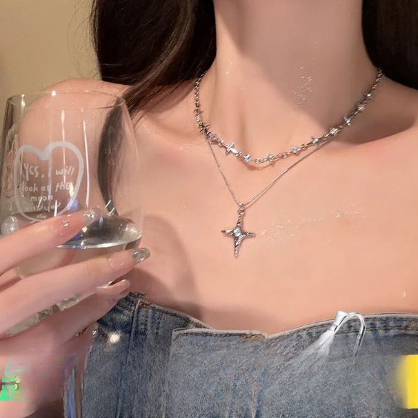 Collana da donna in argento sterling S925 con zirconi esagrammati e non sbiadisce, nuova catena a clavicola a strati._voghion.com