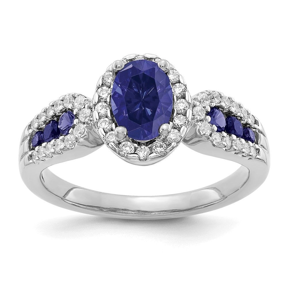 10k White Gold 1/3 Carat Lab Grown Diamond VS/SI+ G+ And Oval Lab Created Blue Sapphire Ring_voghion.com