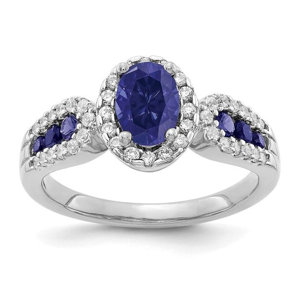 10k White Gold 1/3 Carat Lab Grown Diamond VS/SI+ G+ And Oval Lab Created Blue Sapphire Ring_voghion.com