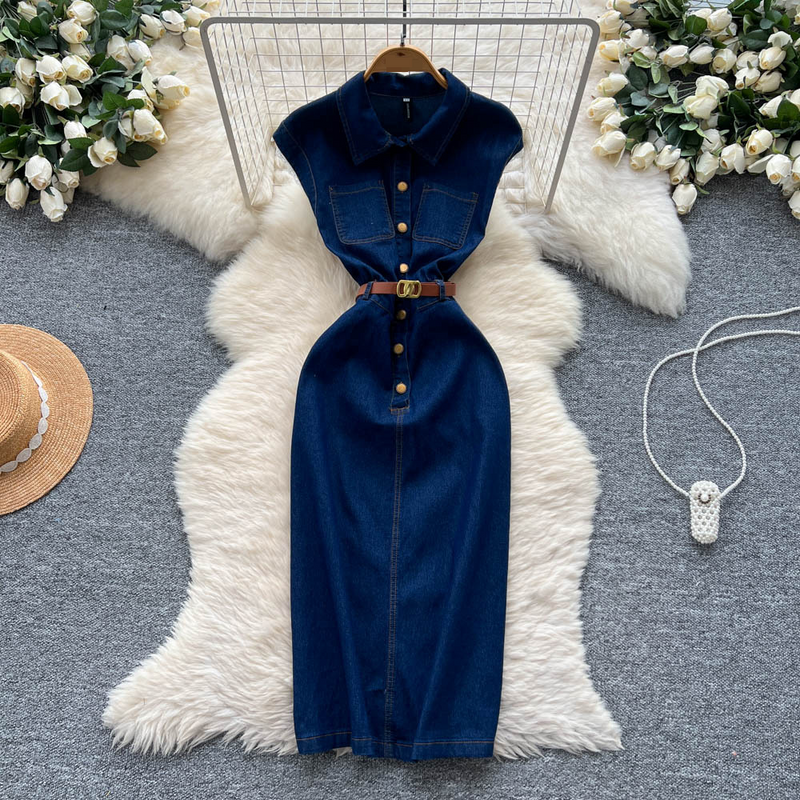 Women's Clothing Light Mature Style Niche Polo Collar Metal Button Waist Sleeveless Denim Dress Women's Slim Hip Mid Length Skirt_voghion.com