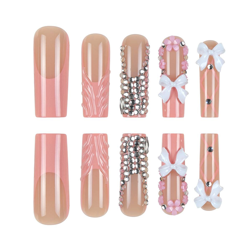 Faux ongles longs 3D avec nœud et motif floral - Ongles pailletés à coller pour femmes - Ongles réutilisables (options de languettes adhésives)_voghion.com