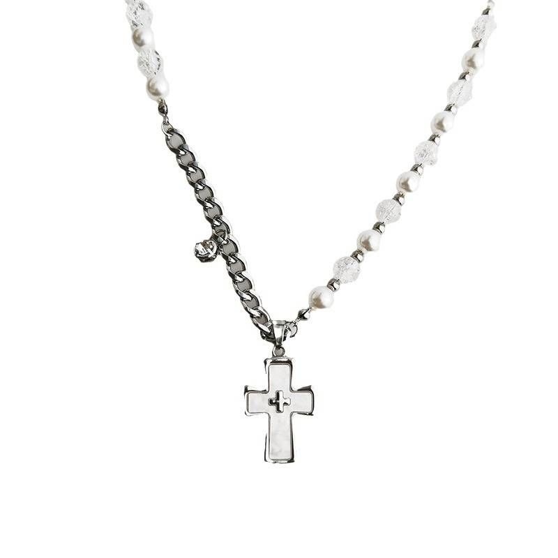 Pearl Cross Necklace Light Luxury Niche New Clavicle Chain_voghion.com