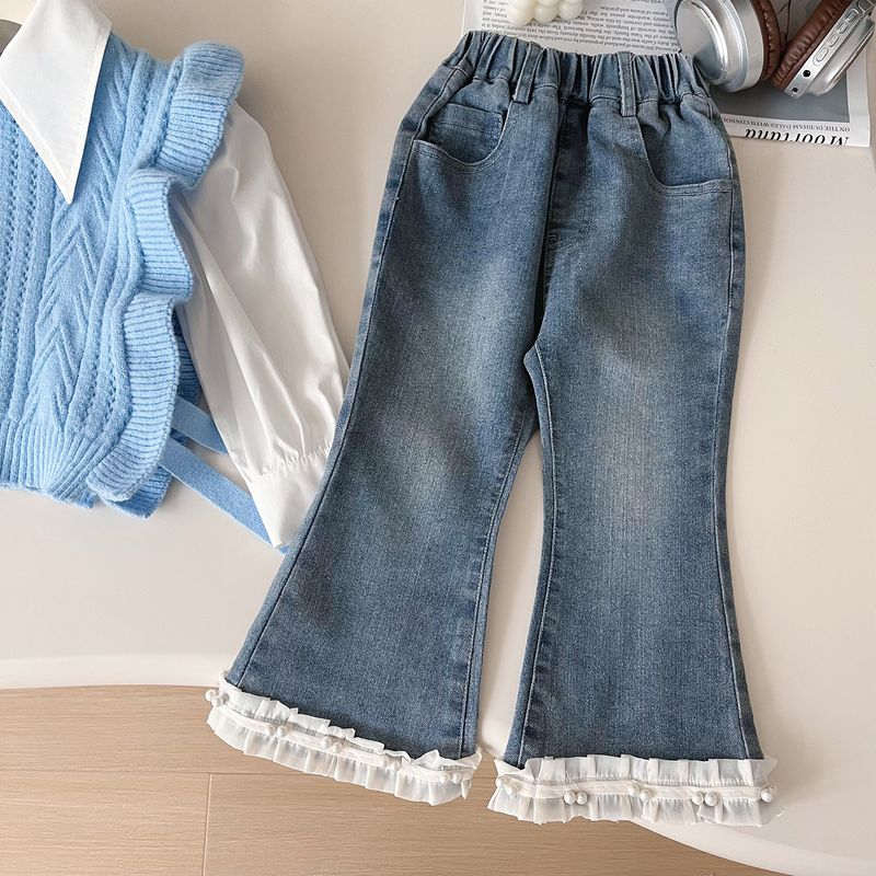 Mor & Barn Flickor Vårdräkt Långärmad 2025 Ny Modestickad Västskjortadräkt för barn med spetsjeans_voghion.com