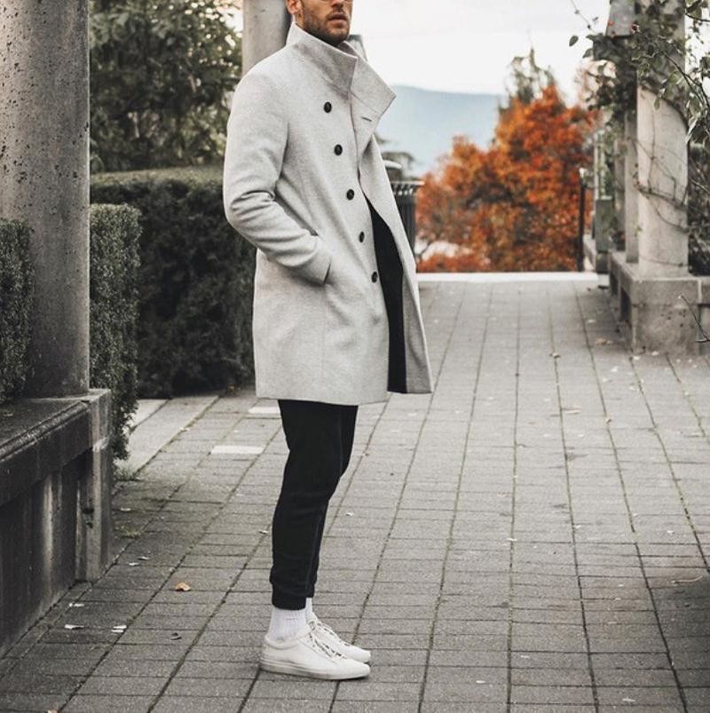 Men's Fashionable Slim Fit Mid To Long Standing Collar Woolen Windbreaker Jacket_voghion.com