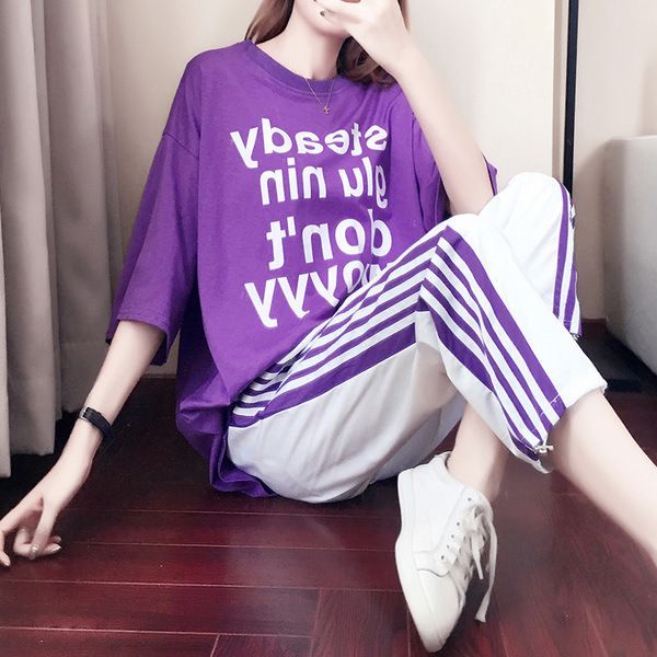 Pantaloni larghi a gamba larga, stile Hong Kong, stile celebrità di Internet, set da due pezzi per donna, 2019_voghion.com