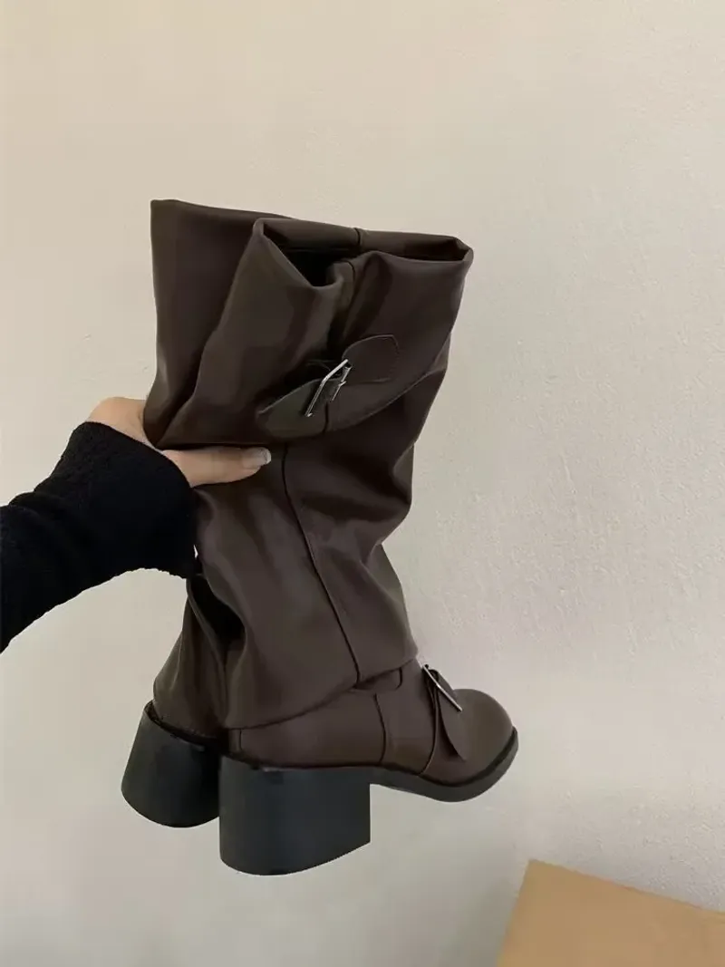 Luxury Women's Boots Slip On Female Mid-calf Boots Retro Biker Boots Fashion Block Heels Women Shoes Pu Leather Zapatos De Mujer_voghion.com