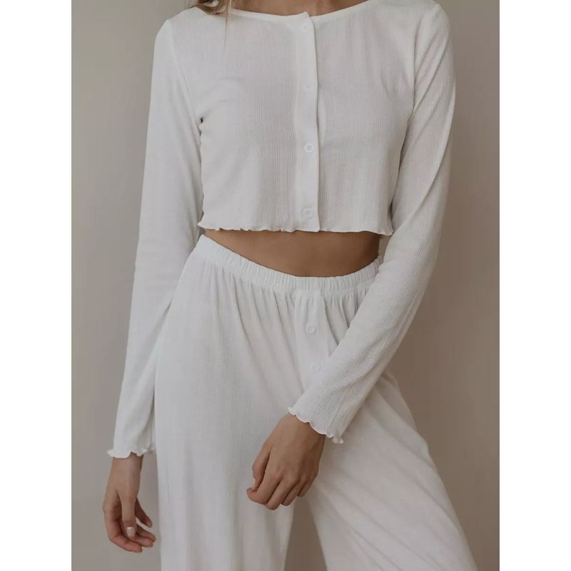 Damen-Pyjama-Set, Loungewear-Set, einfarbig, kurzes Oberteil und Hose._voghion.com