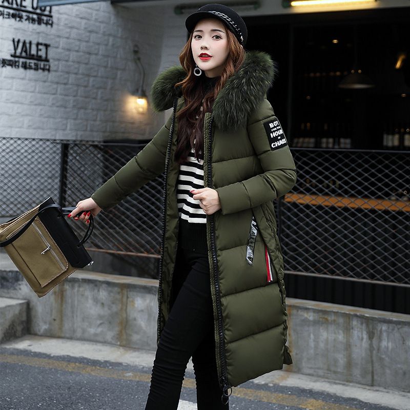 Damenbekleidung Neue gepolsterte Daunenjacke für Damen im langen Stil, verdickte Baumwolljacke mit über dem Knie, weicher Wintermantel mit Pelzkragen_voghion.com