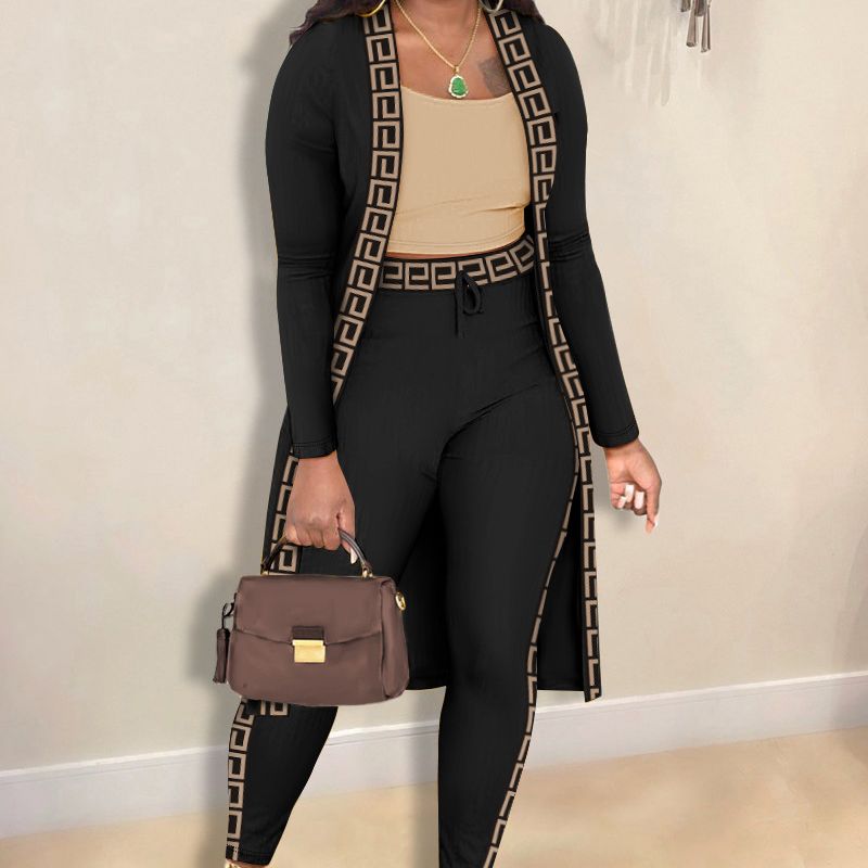 Damenmode, lässig, bedruckte Patchwork-Jacke + Oberteil und Hosenanzug_voghion.com