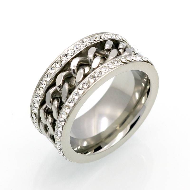 Edelstahl Modesch Diamanten mat Duebelreih Diamanten, Titanstahl Kettenréng, Vakuumplatéiert Edelréng_voghion.com