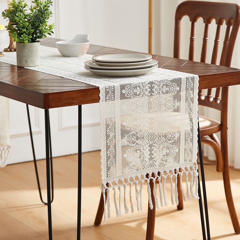 Double Layer Lace Table Runner Farmhouse Style With Fringe 60 Inch For Coffee Table Tv Stand Floral Embroidery Washable Lightweight Home Decor_voghion.com