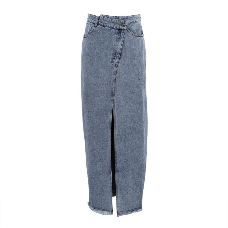 Fustă de damă la modă, lungă, cu talie înaltă, cu crăpături, retro, din denim, fustă de șold_voghion.com