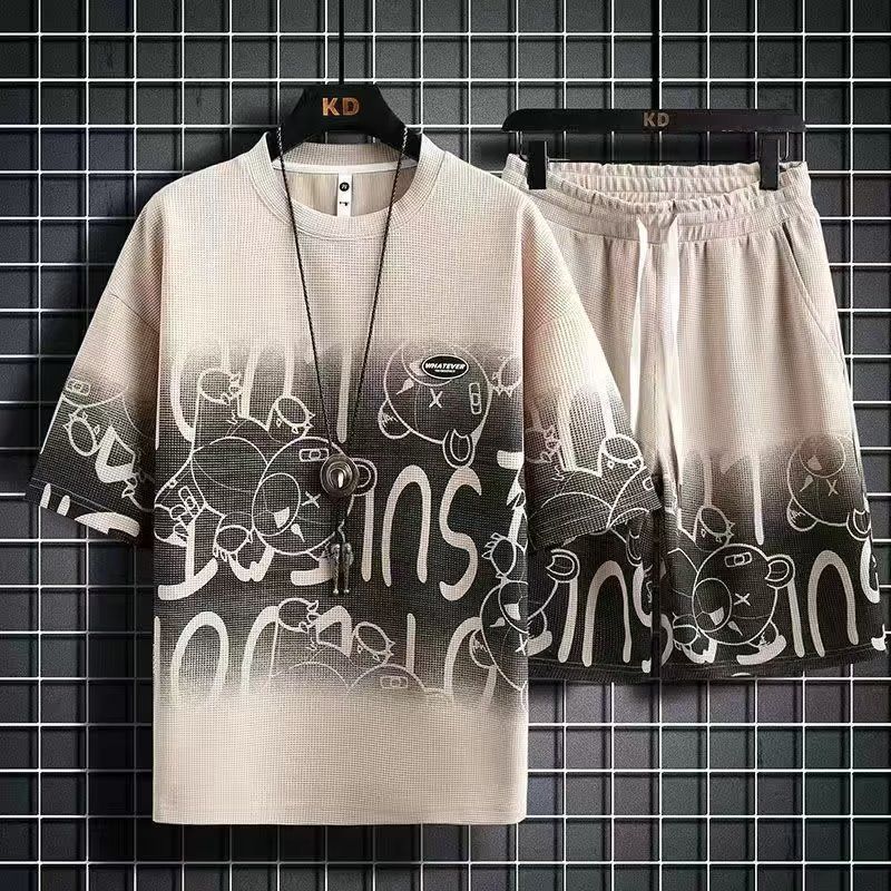 Men's Clothing 2024 Waffle Suit Men's Summer New Watermark Fashion Trend Loose Hong Kong Style Tie-dye Five-point Sleeves_voghion.com