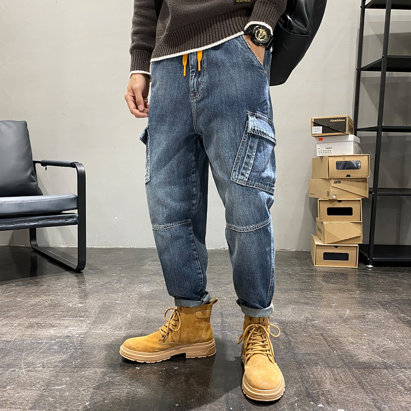Herren Washed Old Jeans Mop Hose Hip Hop Multi-Pocket Große Arbeitshose mit weitem Bein_voghion.com