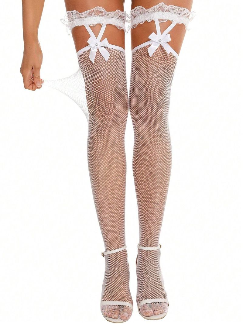 Sexy Strumpfhose mit Spitzenschleife und Mittelrohrstrumpf mit Netz_voghion.com