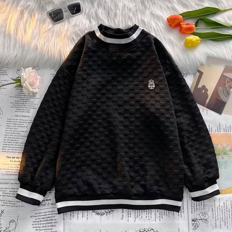 Męska odzież retro prosta dopasowana kolorystycznie waflowa bluza z okrągłym dekoltem luźna para swobodna wszystkie pasujące topy_voghion.com