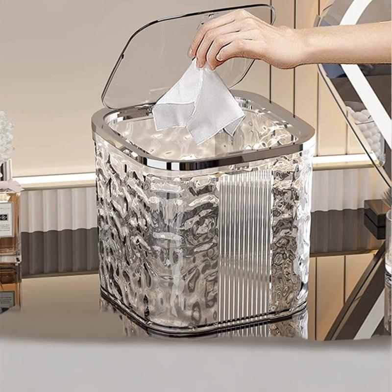 Luxury Wave-Design Touch Top Trash Can - Mini Desktop Bin With Press-To-Open Lid Frosted Glacial Texture Elegant Small Wastebasket_voghion.com