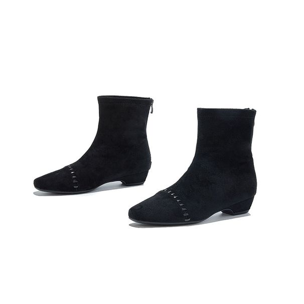 Stivali corti con punta quadrata, stivali elastici in pelle scamosciata da donna, tacco basso versatili, stivali corti in pelle scamosciata per l'atmosfera autunnale e invernale_voghion.com