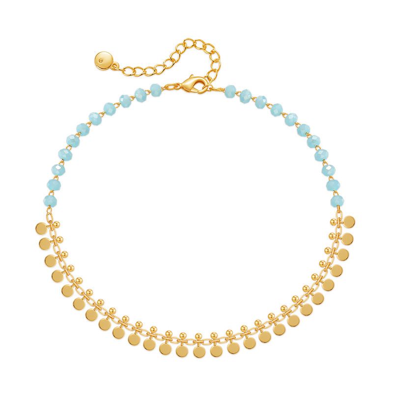 Cavigliera con ciondolo a forma di nappa in vero oro placcato in ottone esotico, cavigliera con cristallo azzurro e temperamento elegante_voghion.com